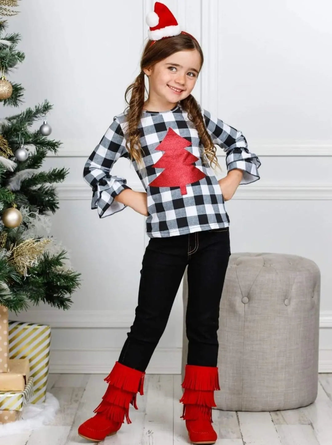 Cute Winter Sets | Girls Plaid Christmas Tree Top & Cuffed Jeans Set