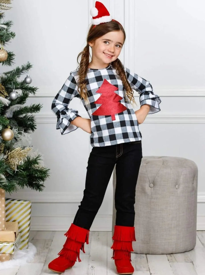 Cute Winter Sets | Girls Plaid Christmas Tree Top & Cuffed Jeans Set