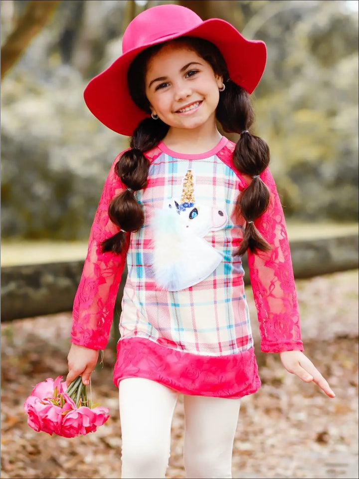 Girls Plaid Lace Trimmed Raglan Sleeve Tunic & Leggings Set - Girls Fall Casual Set