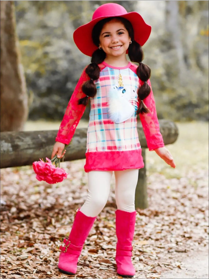 Girls Plaid Lace Trimmed Raglan Sleeve Tunic & Leggings Set - Girls Fall Casual Set