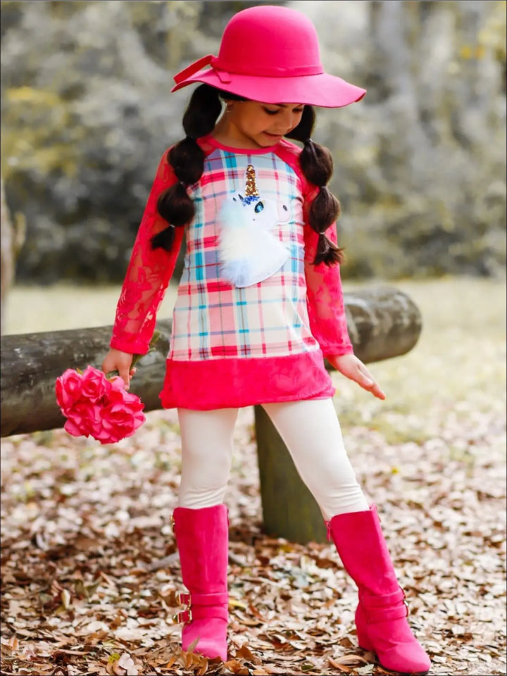 Girls Plaid Lace Trimmed Raglan Sleeve Tunic & Leggings Set - Girls Fall Casual Set