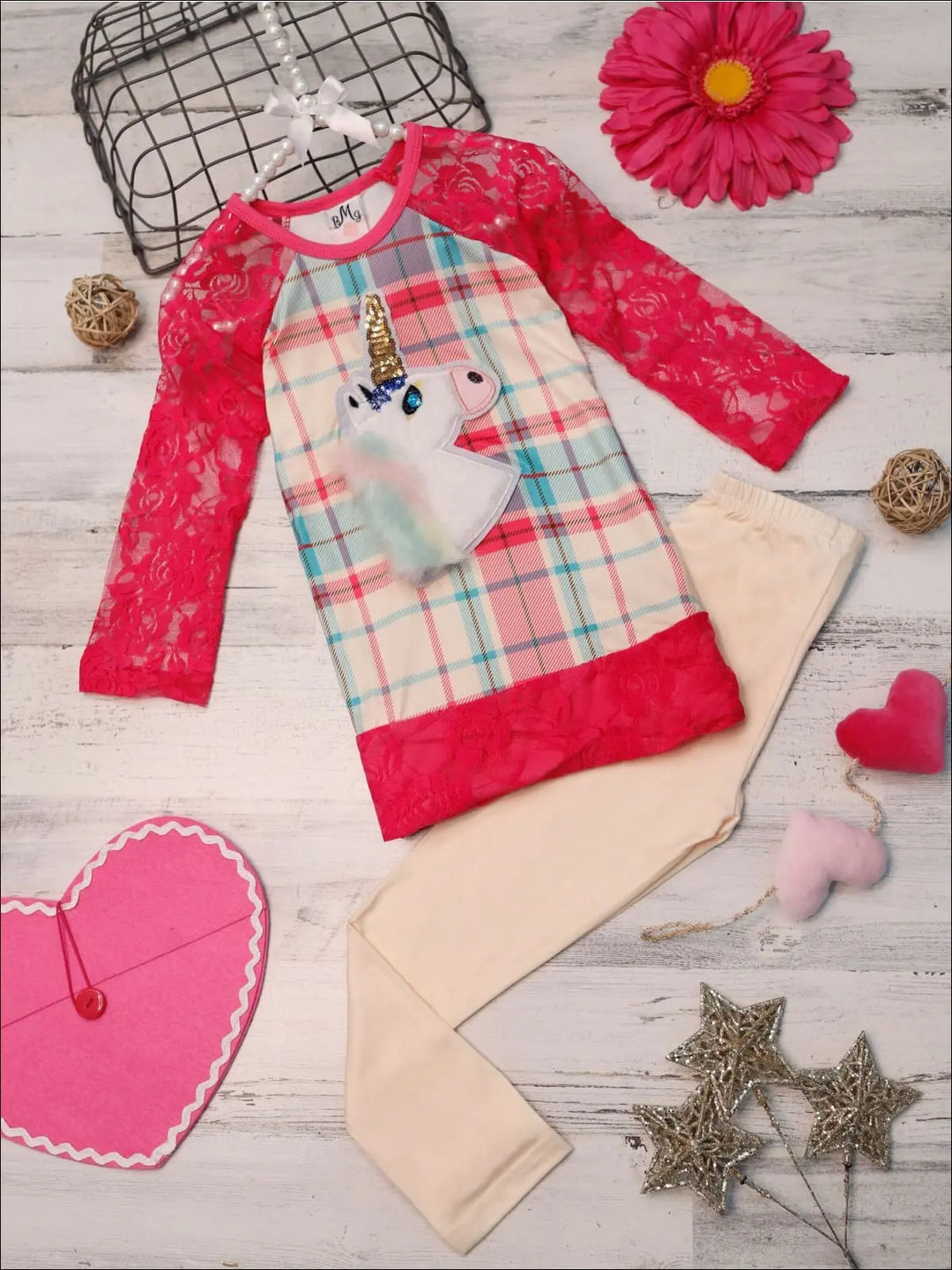 Girls Plaid Lace Trimmed Raglan Sleeve Tunic & Leggings Set - Pink / 2T/3T - Girls Fall Casual Set