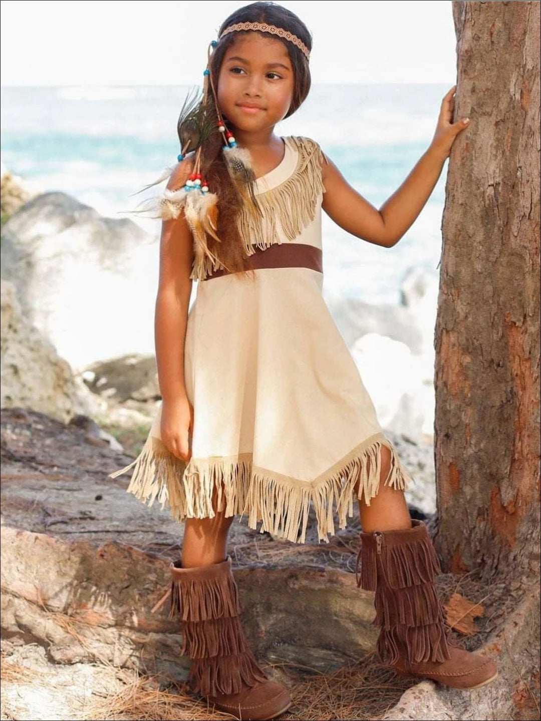 Girls Pocahontas Inspired Bohemian One Shoulder Fringe Halloween Costume Girls Pocahontas Inspired Bohemian One Shoulder Fringe Halloween Costume