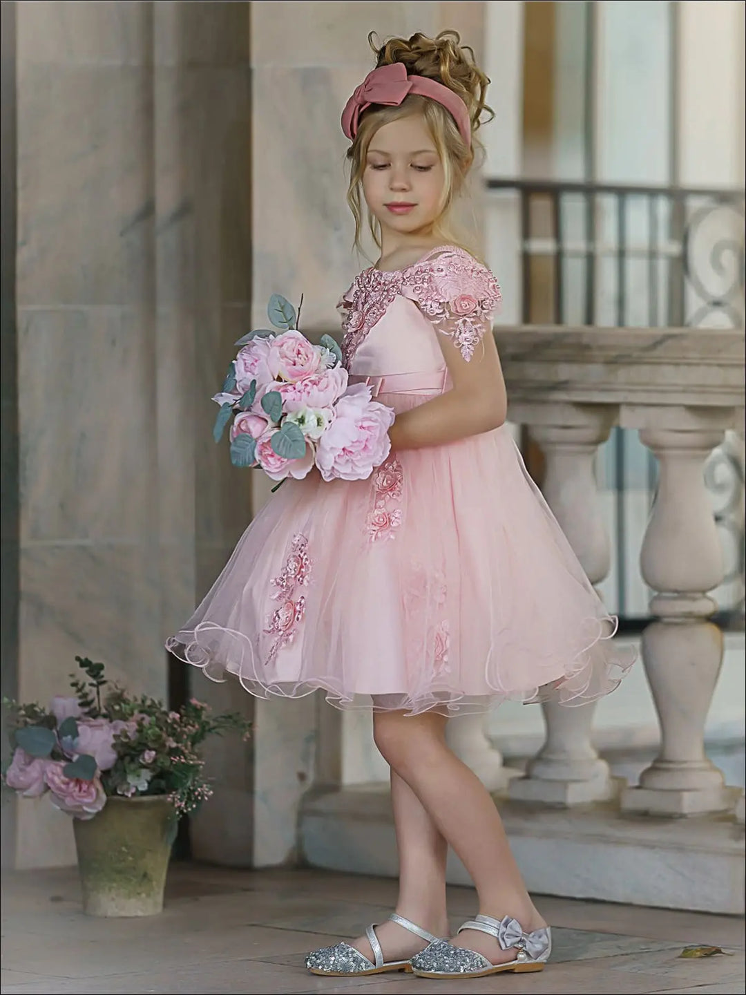 Girls Formal Dresses | Pink Floral Embellished Tulle Princess Dress