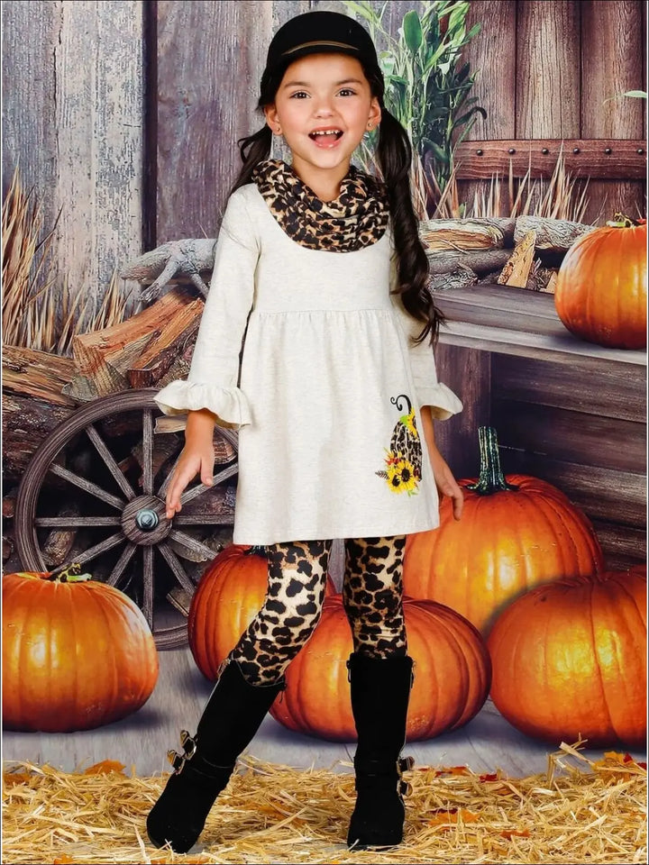 Girls Pumpkin Sunflower Print Long Ruffled Sleeve Top Animal Print Leggings & Scarf Set - Girls Fall Casual Set