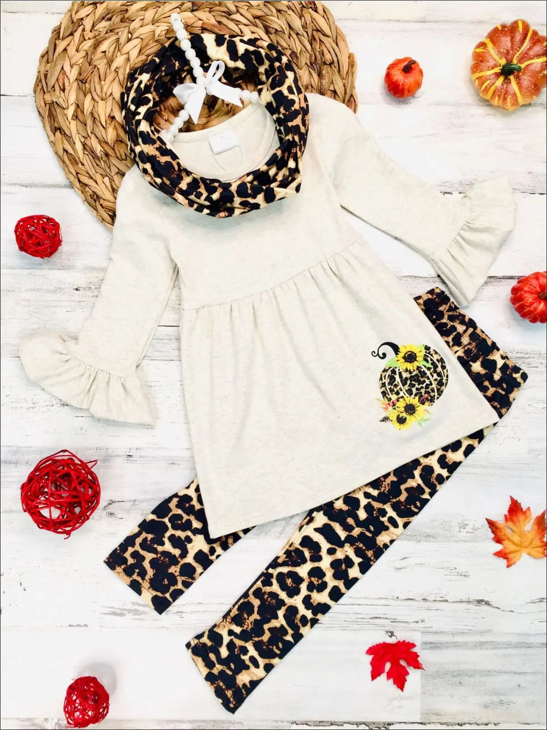 Girls Pumpkin Sunflower Print Long Ruffled Sleeve Top Animal Print Leggings & Scarf Set - Brown / 3T - Girls Fall Casual Set