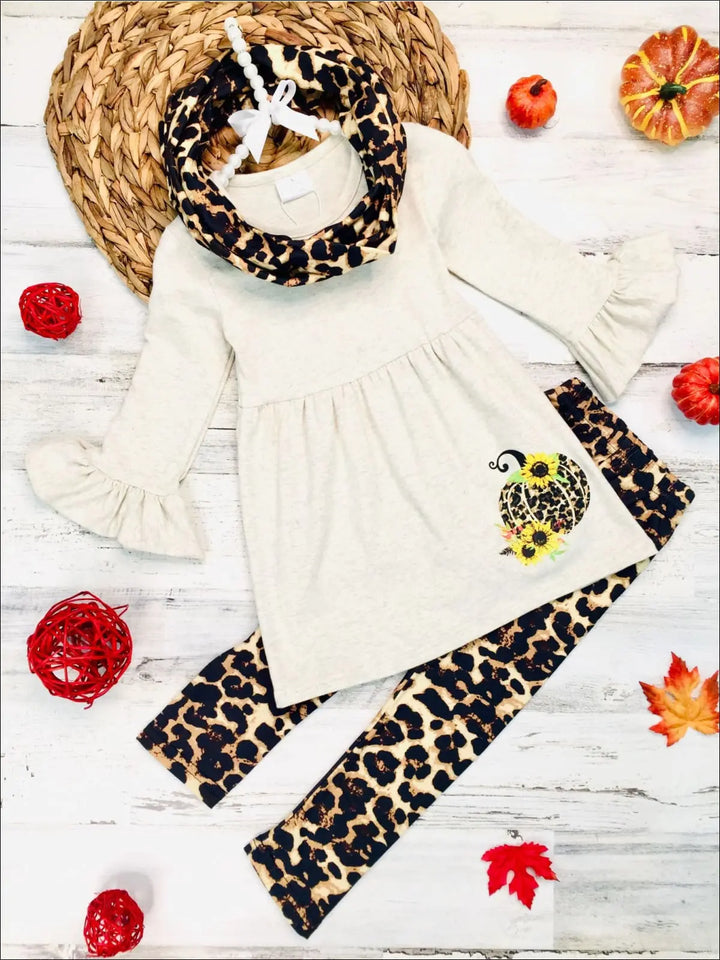 Girls Pumpkin Sunflower Print Long Ruffled Sleeve Top Animal Print Leggings & Scarf Set - Brown / 3T - Girls Fall Casual Set