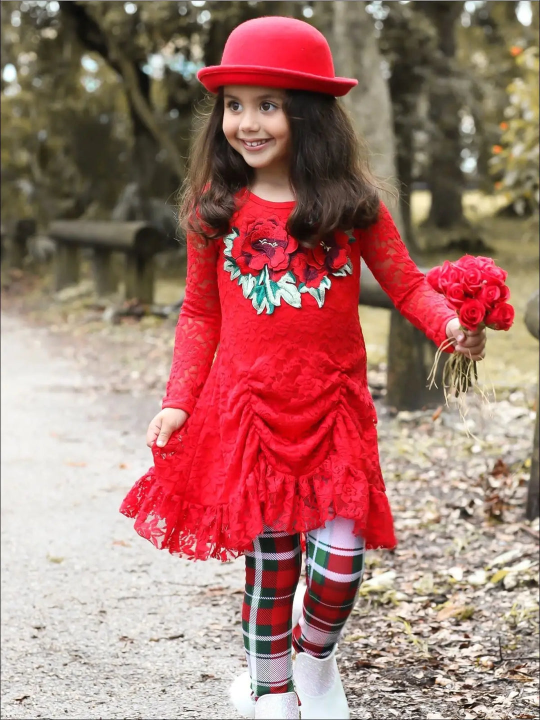 Girls Red Drawstring Lace Tunic & Plaid Leggings Set - Girls Fall Dressy Set