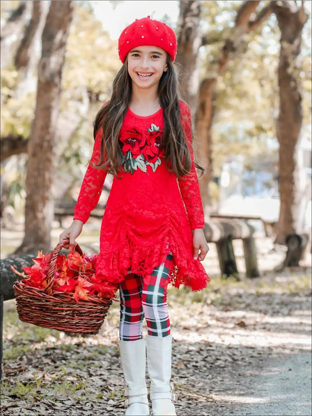 Girls Red Drawstring Lace Tunic & Plaid Leggings Set - Girls Fall Dressy Set