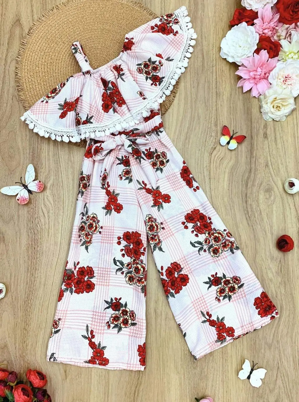 Girls Spring Outfits | Ruffle Crochet Trim Sash One Shoulder Jumpsuit