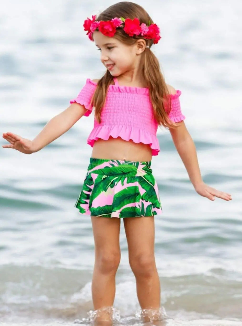 Kids Tropical Swimsuits | Girls Smock Top Tropical Two Piece Swimsuit