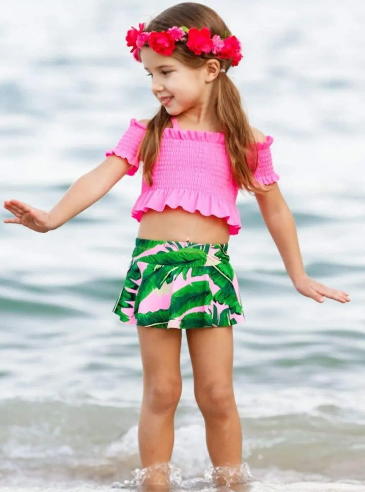 Kids Tropical Swimsuits | Girls Smock Top Tropical Two Piece Swimsuit