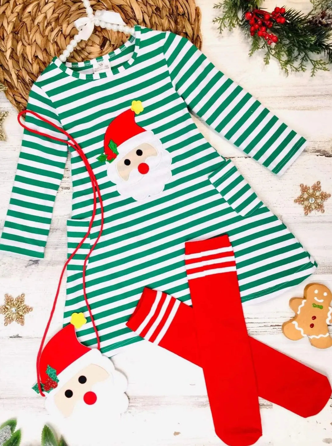 Cute Winter Sets | Girls Santa Striped Pocket Dress, Purse & Socks Set