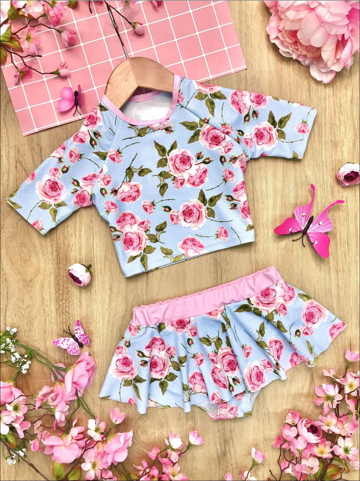 Girls Skirted Rash Guard Two Piece Swimsuit - Blue / 2T/3T - Girls Two Piece Swimsuit
