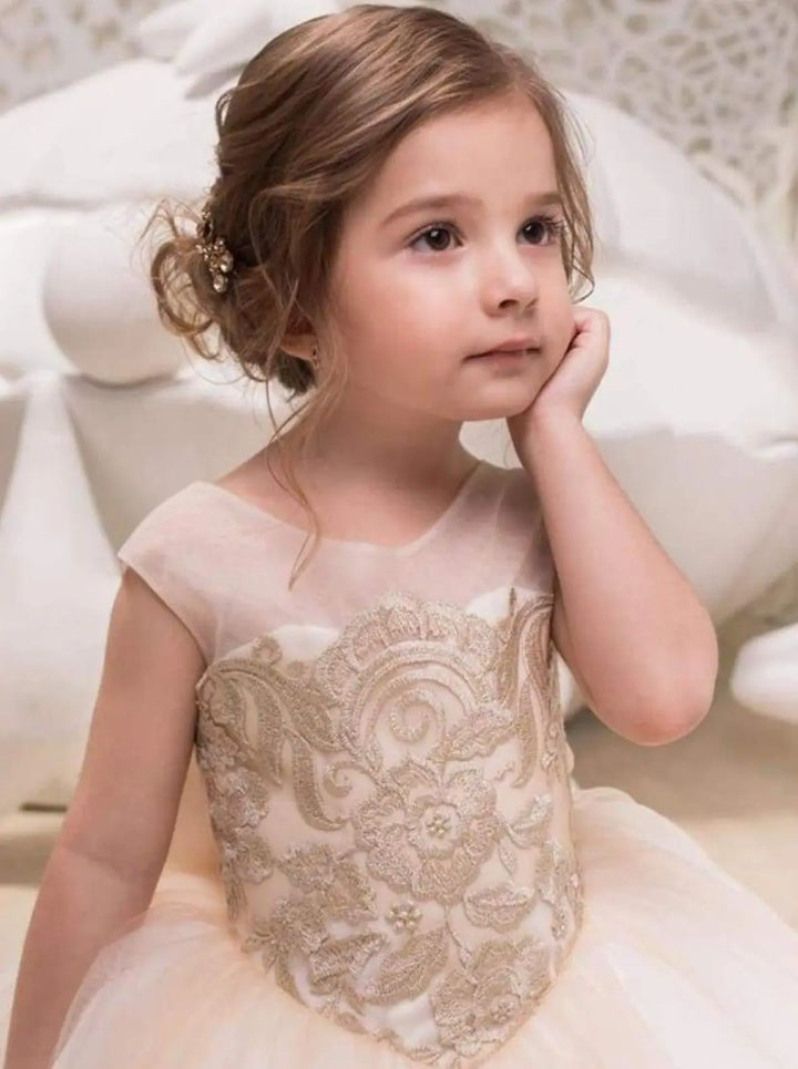Mia Belle Girls Communion Dresses | Champagne Embroidered Gown