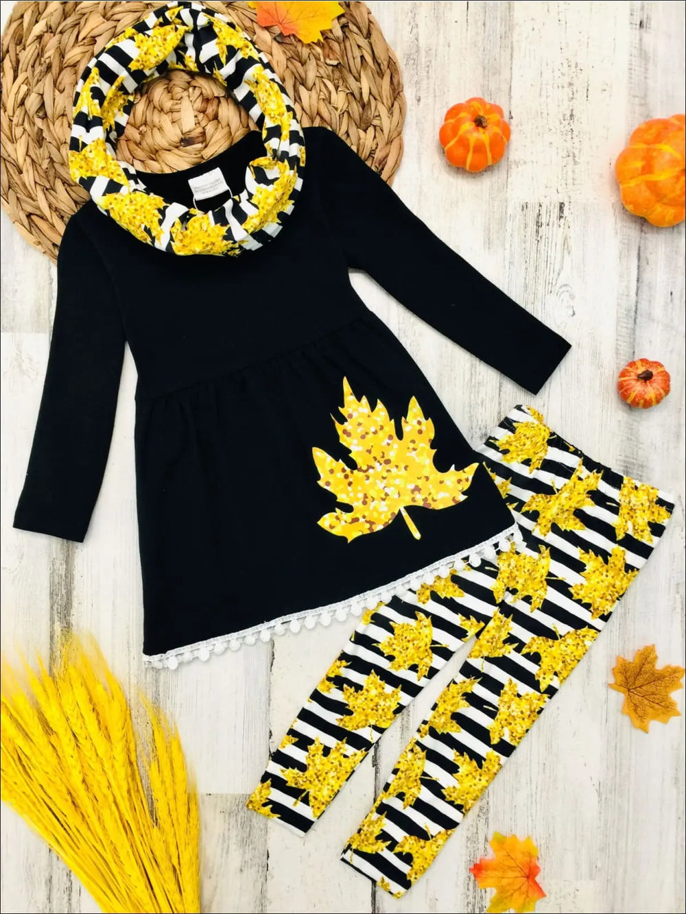 Girls Striped Leaves Print Circle Trim Hem Long Sleeve Tunic Leggings & Scarf Set - Girls Fall Casual Set