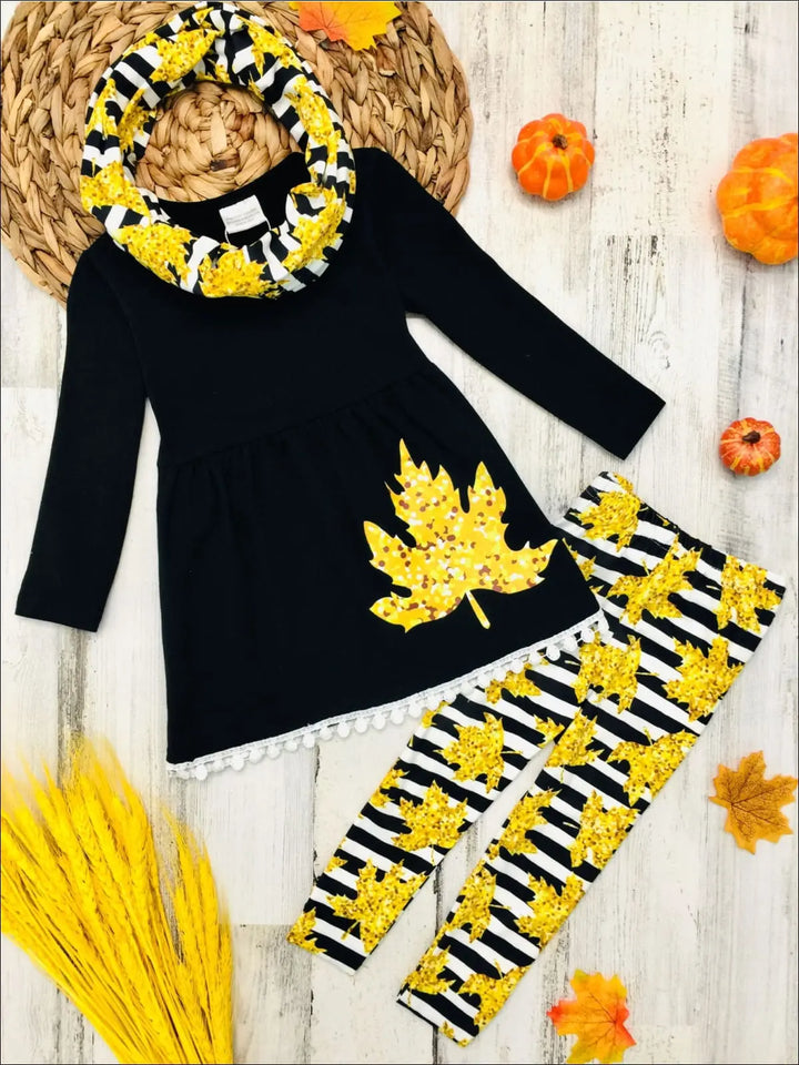 Girls Striped Leaves Print Circle Trim Hem Long Sleeve Tunic Leggings & Scarf Set - Girls Fall Casual Set