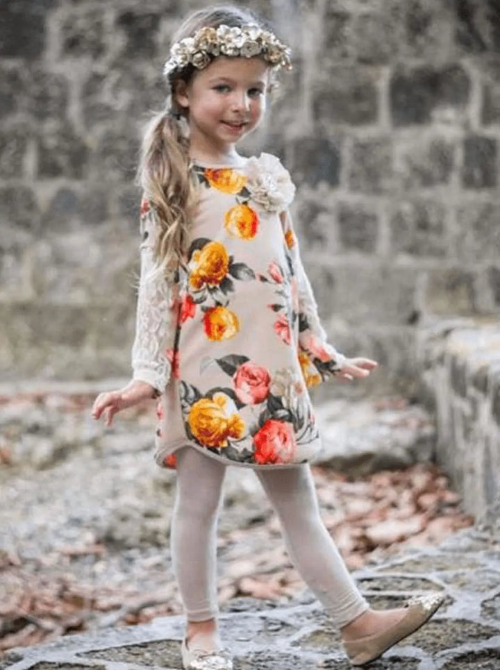 Girls Taupe Lace Sleeve Floral Tunic & Leggings Set - Mia Belle Girls