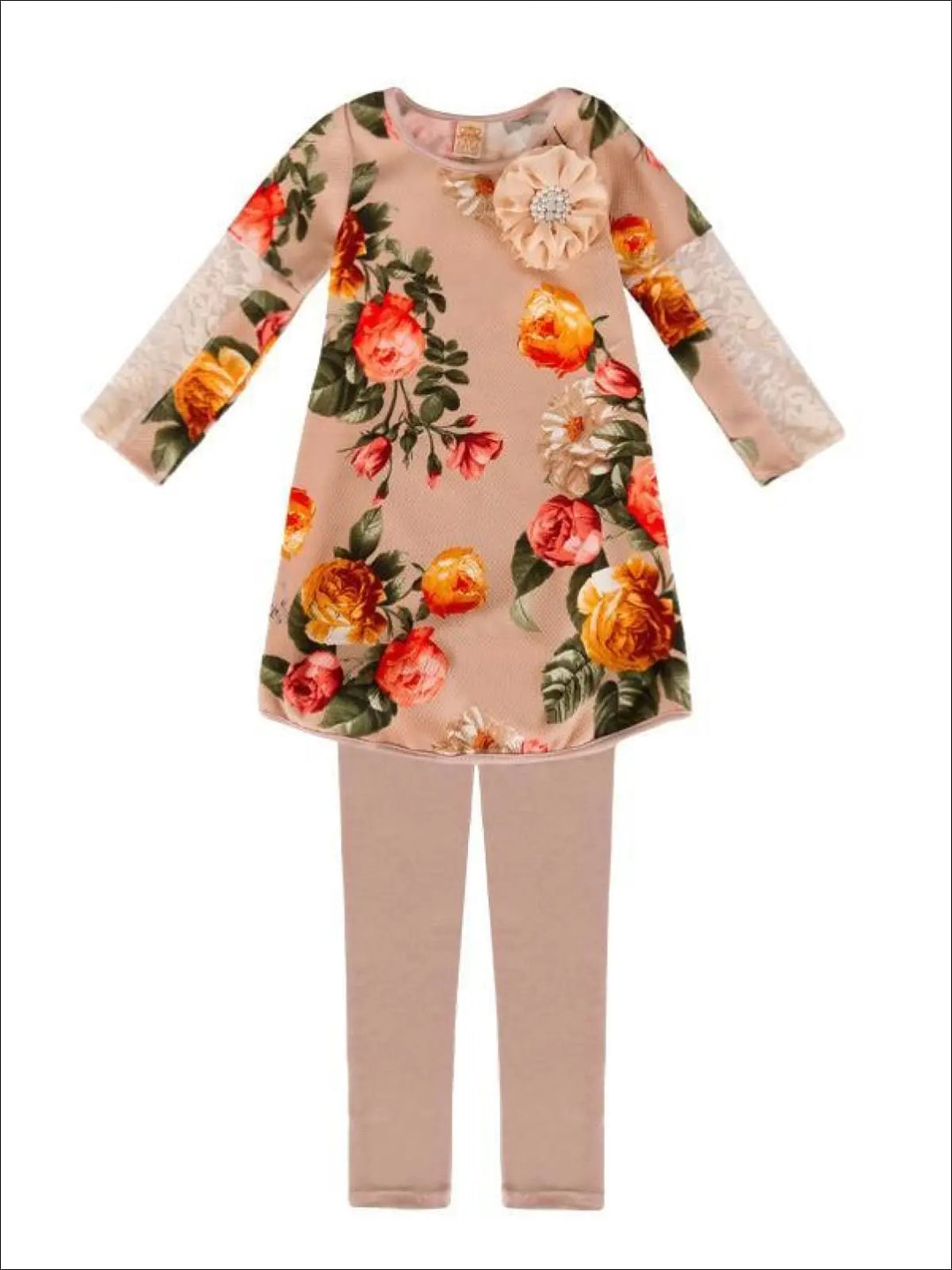 Girls Taupe Lace Sleeve Floral Tunic & Leggings Set - Mia Belle Girls