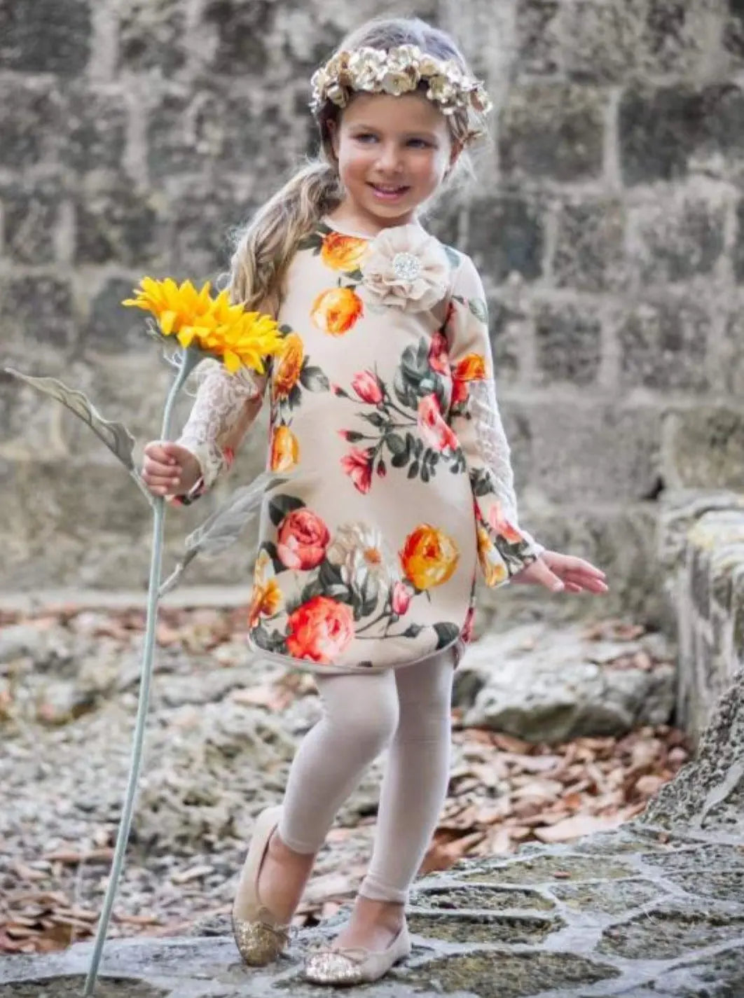 Girls Taupe Lace Sleeve Floral Tunic & Leggings Set - Mia Belle Girls