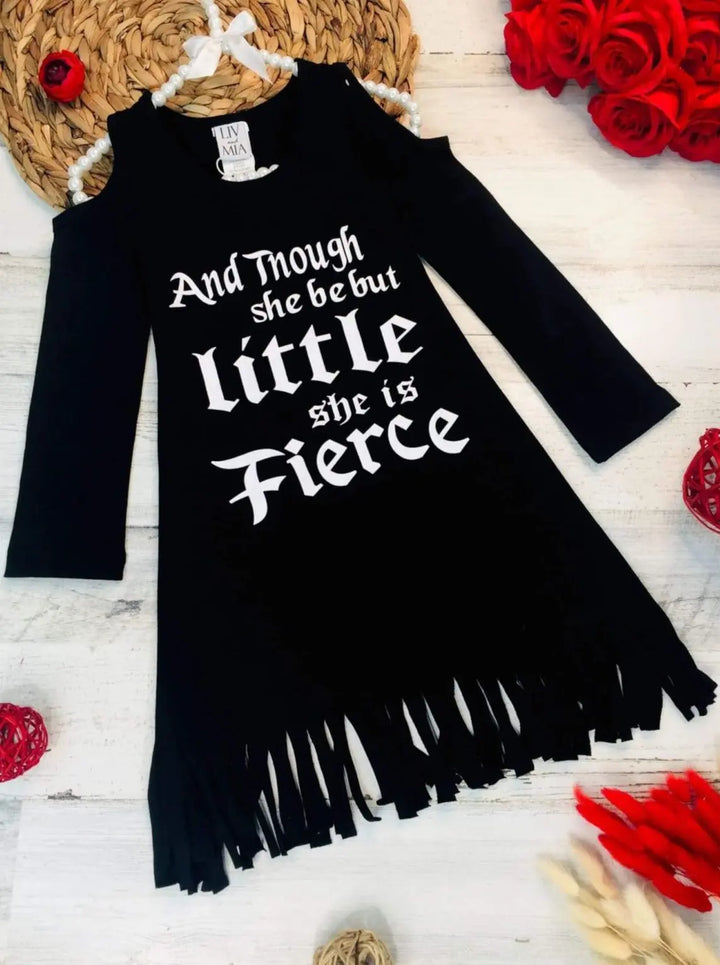 Girls Though She Be But Little She is Fierce Cold Shoulder Fringe Graphic Statement Dress - Girls Fall Casual Dress