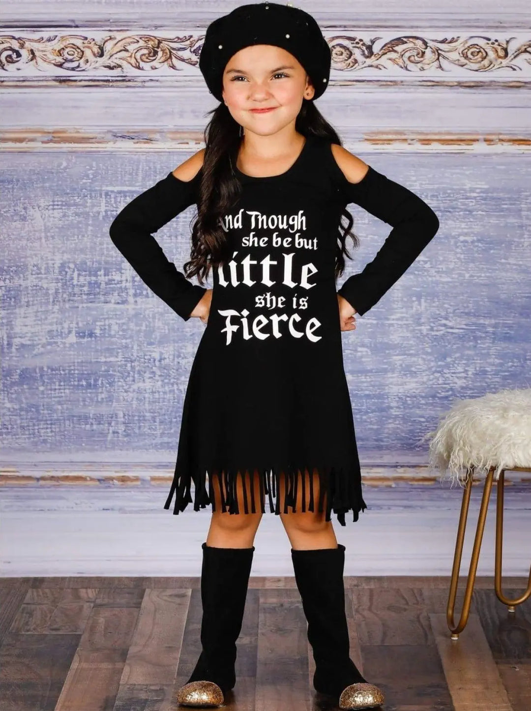 Girls Though She Be But Little She is Fierce Cold Shoulder Fringe Graphic Statement Dress - Girls Fall Casual Dress