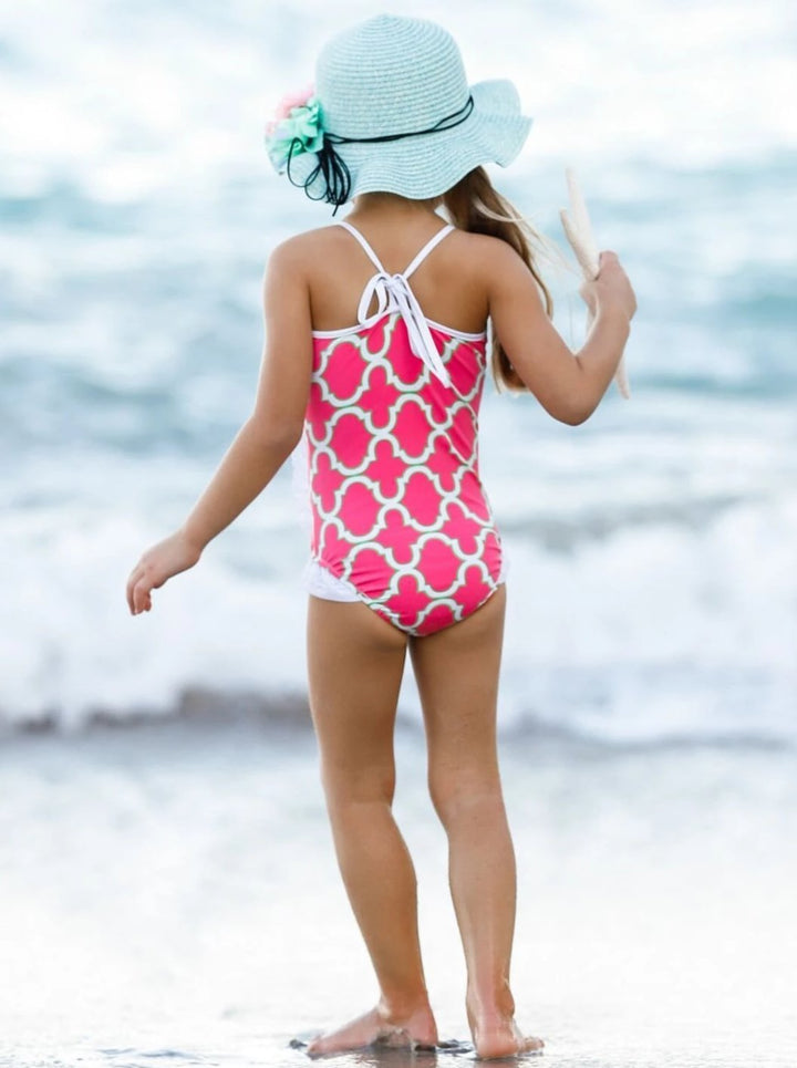 Girls V- Neck Haltered Lace Ruffled One Piece Swimsuit - Girls One Piece Swimsuit