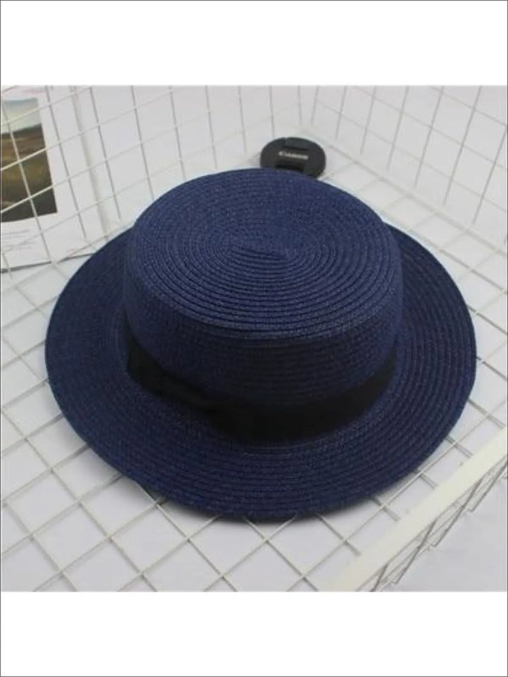 Girls Woven Straw Fedora Hat with Bow Tie (Multiple Color Options) - Navy / One Size - Girls Hats
