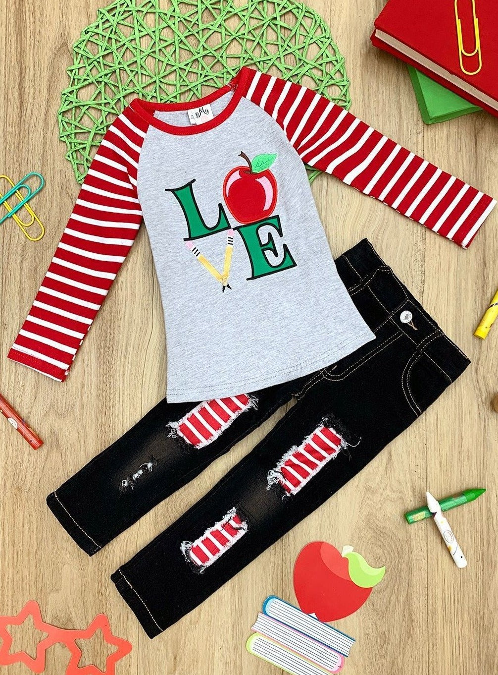 Love To Learn Raglan Top & Patched Jeans Set - Back To School - Mia Belle Girls