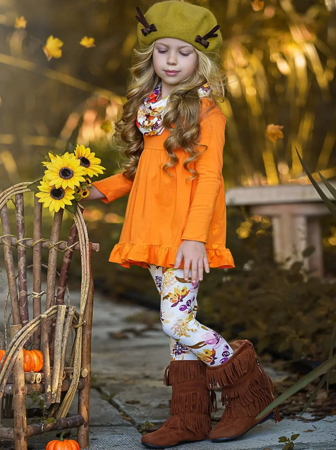 Mia Belle Girls Fall Floral Tunic, Legging & Scarf Set | Girls Sets