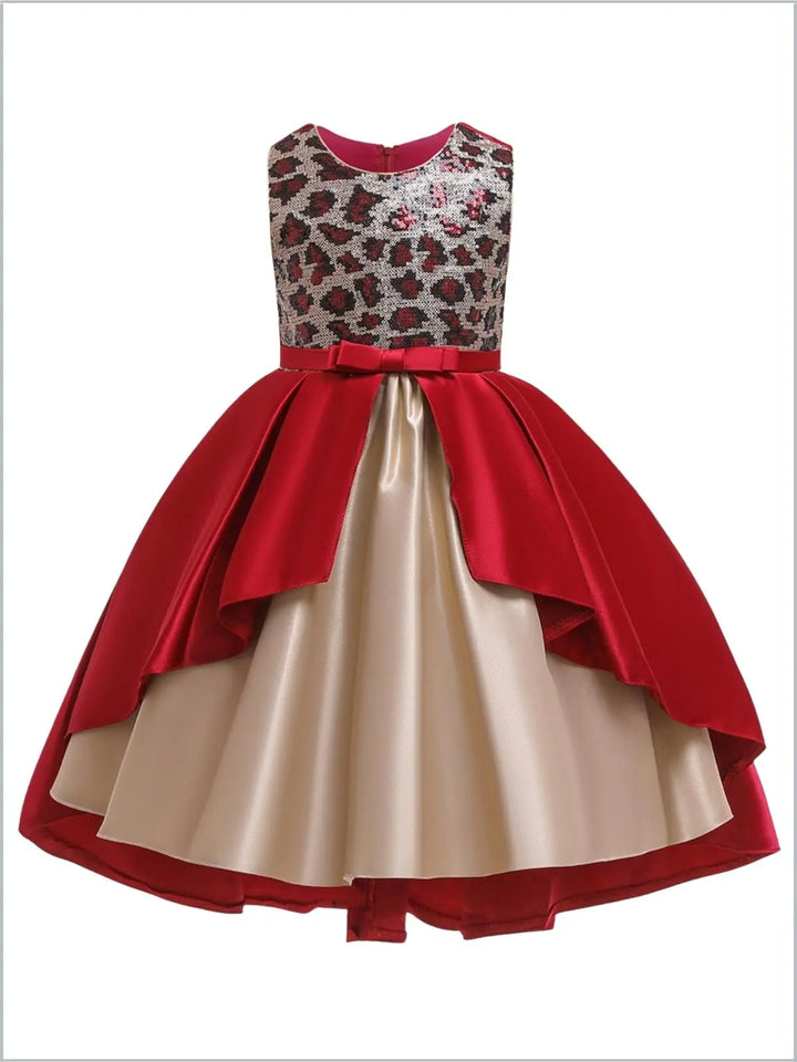 Girls Winter Formal Dress | Red And Gold Leopard Sequin Holiday Dress