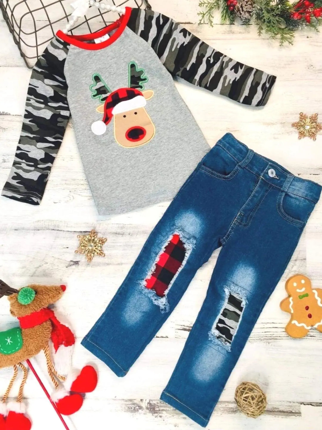 Cute Winter Sets | Girls Rudolph Camo Raglan Top & Patched Jeans Set
