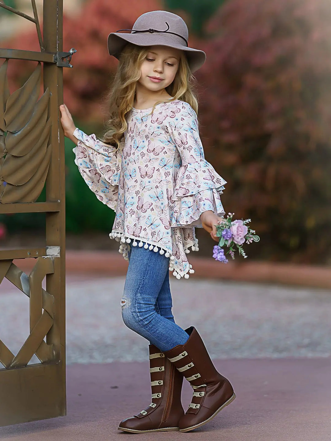 Butterfly Print Tiered Sleeve Sidetail Tunic | Mia Belle Girls