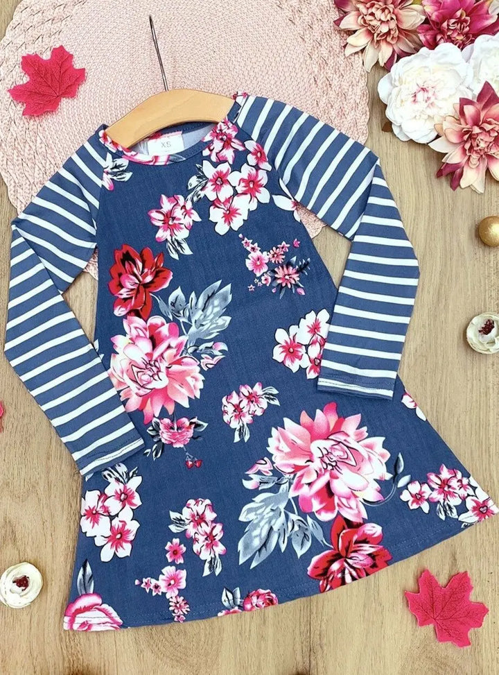 Girls Striped Long Sleeve Floral Dress - Girls Fall Casual Dress