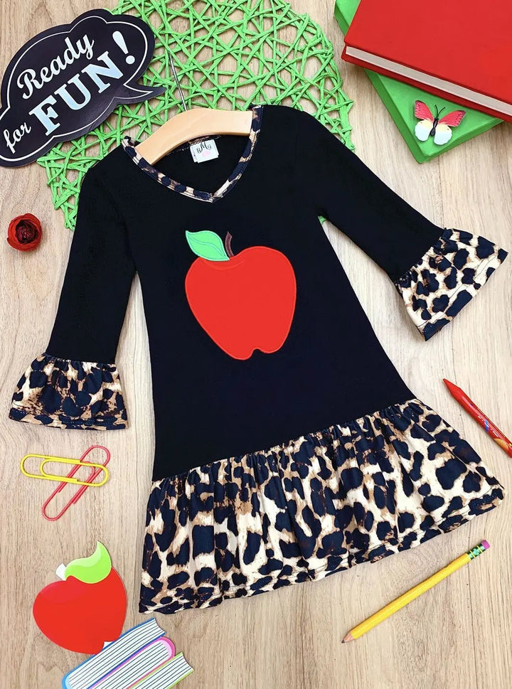 Girls Apple Print Cross Front Dress with Animal Print Ruffles Mia Belle Girls