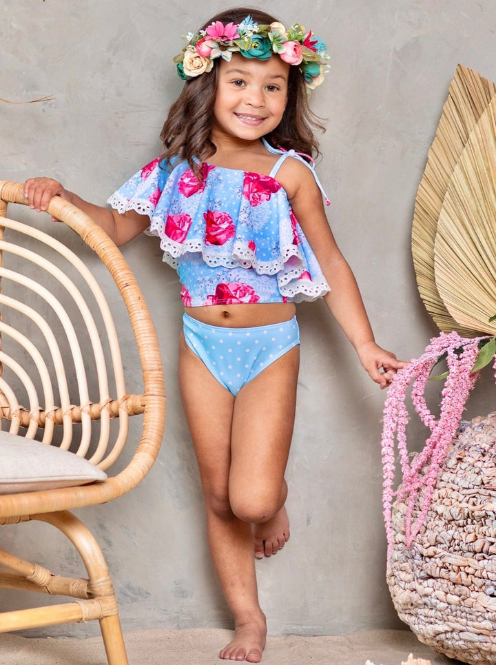 Kids Swimsuits | Little Girls Rose Print Ruffle Two Piece Swimsuit