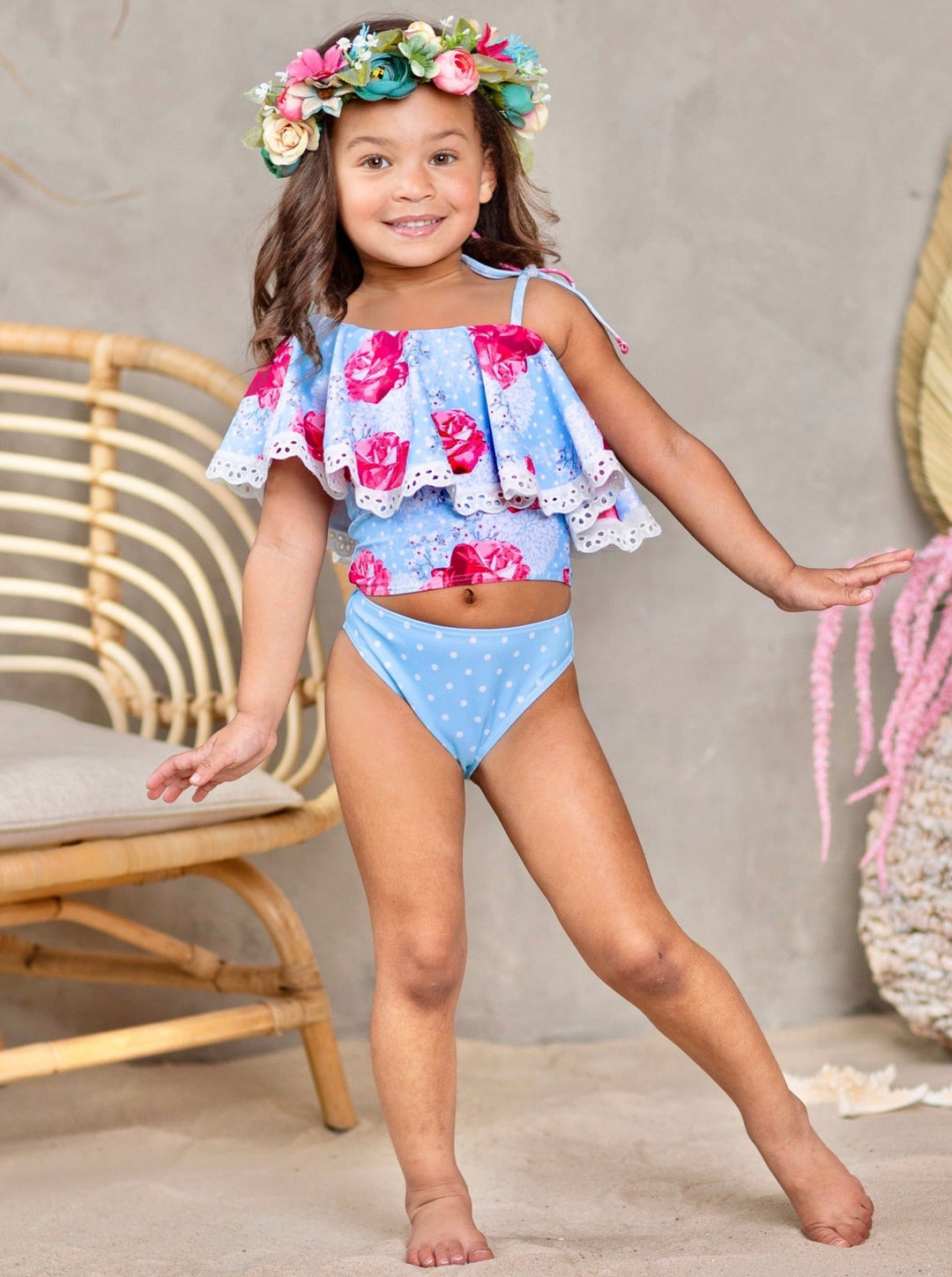 Kids Swimsuits | Little Girls Rose Print Ruffle Two Piece Swimsuit