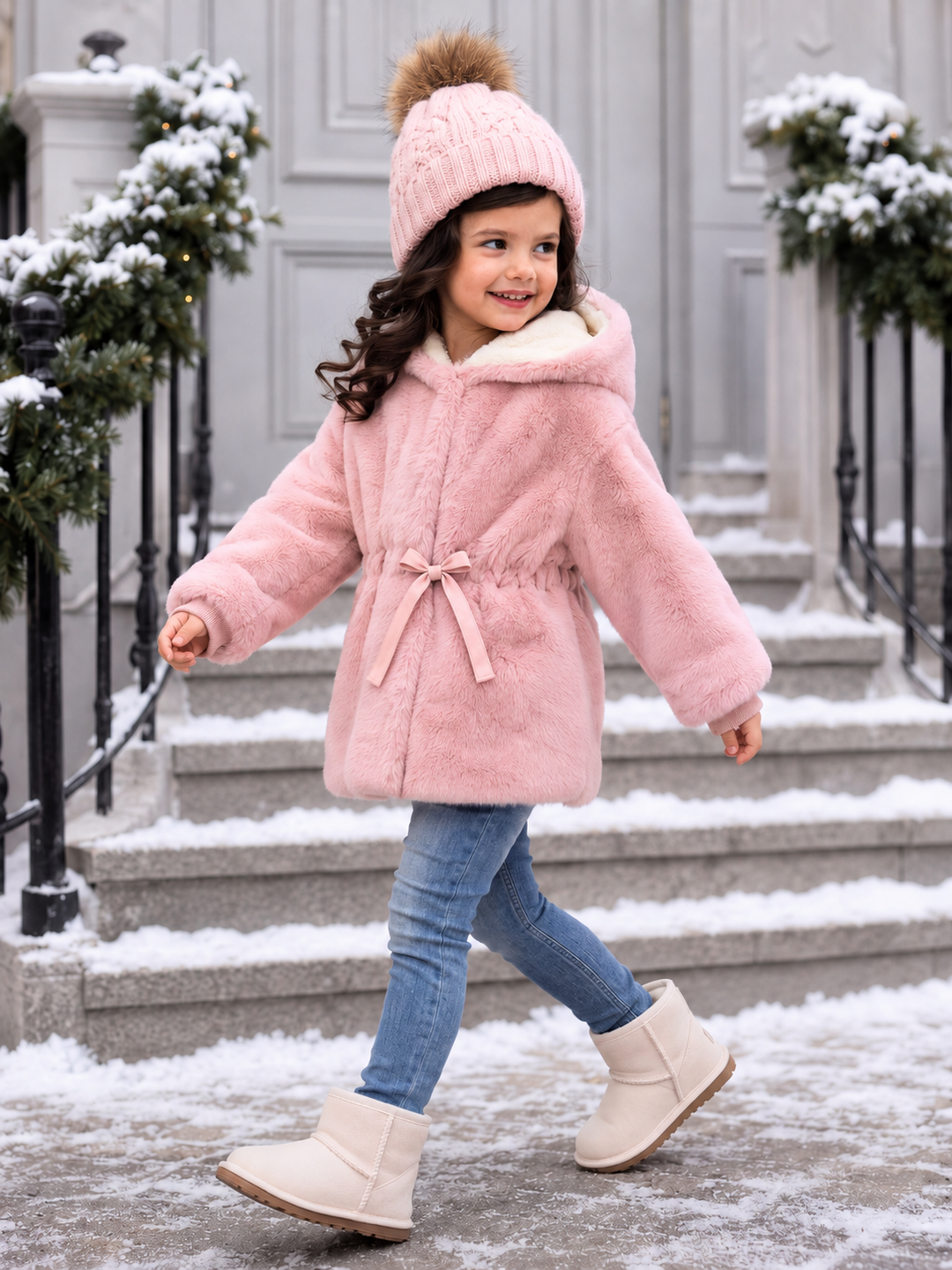 Girls Mink Fur Hooded Coats