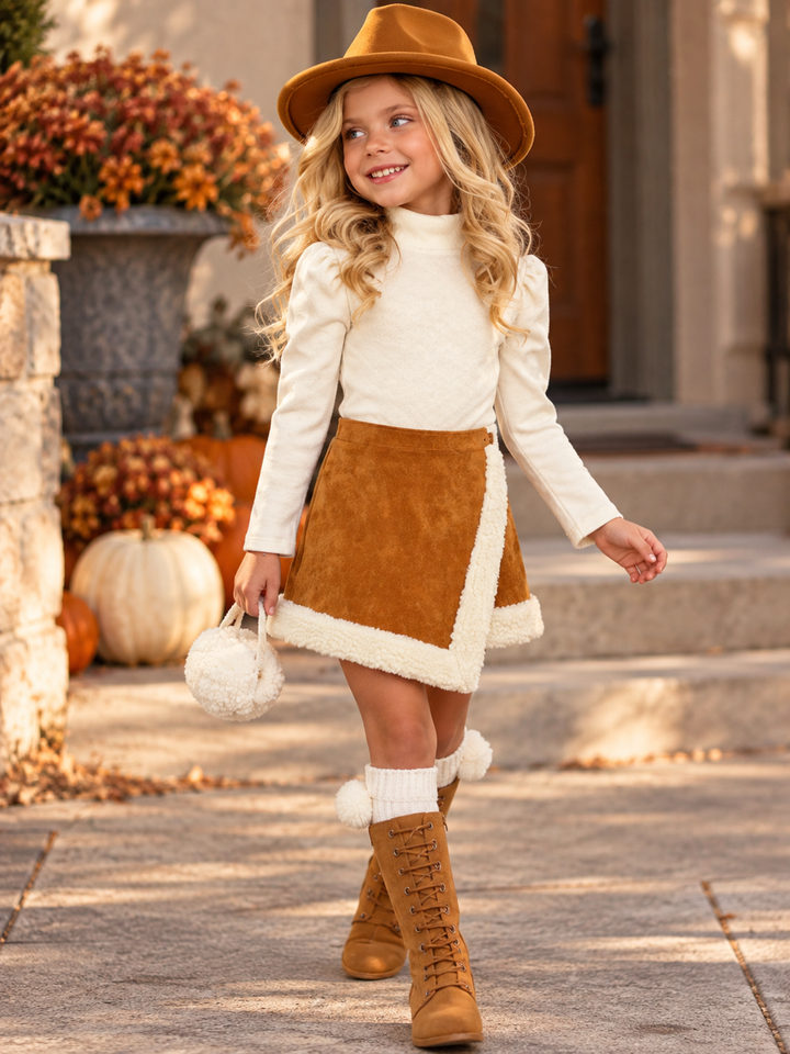 Ivory Turtleneck Top and Camel Fur Trimmed Skort Set