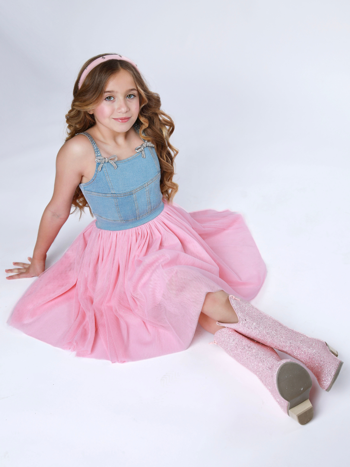 Sparkle Denim Bow Tulle Dress Mia Belle Girls