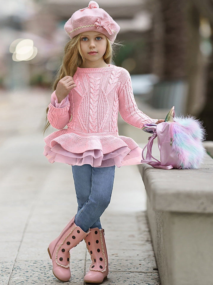 Cute Girls Sweaters | Cable Knit Peplum Tutu Sweater | Mia Belle Girls