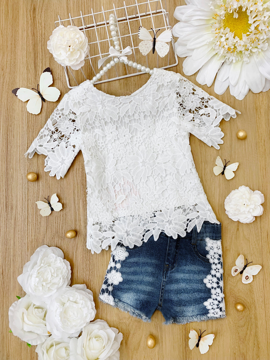 Lovely In Lace White Top and Denim Short Set Mia Belle Girls