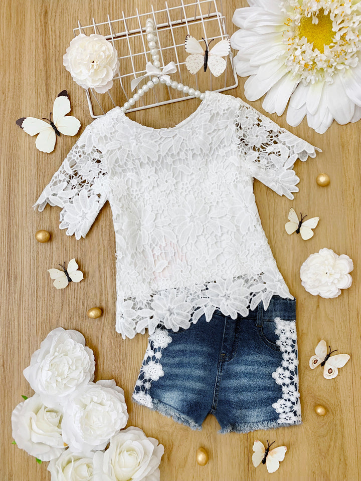 Lovely In Lace White Top and Denim Short Set Mia Belle Girls