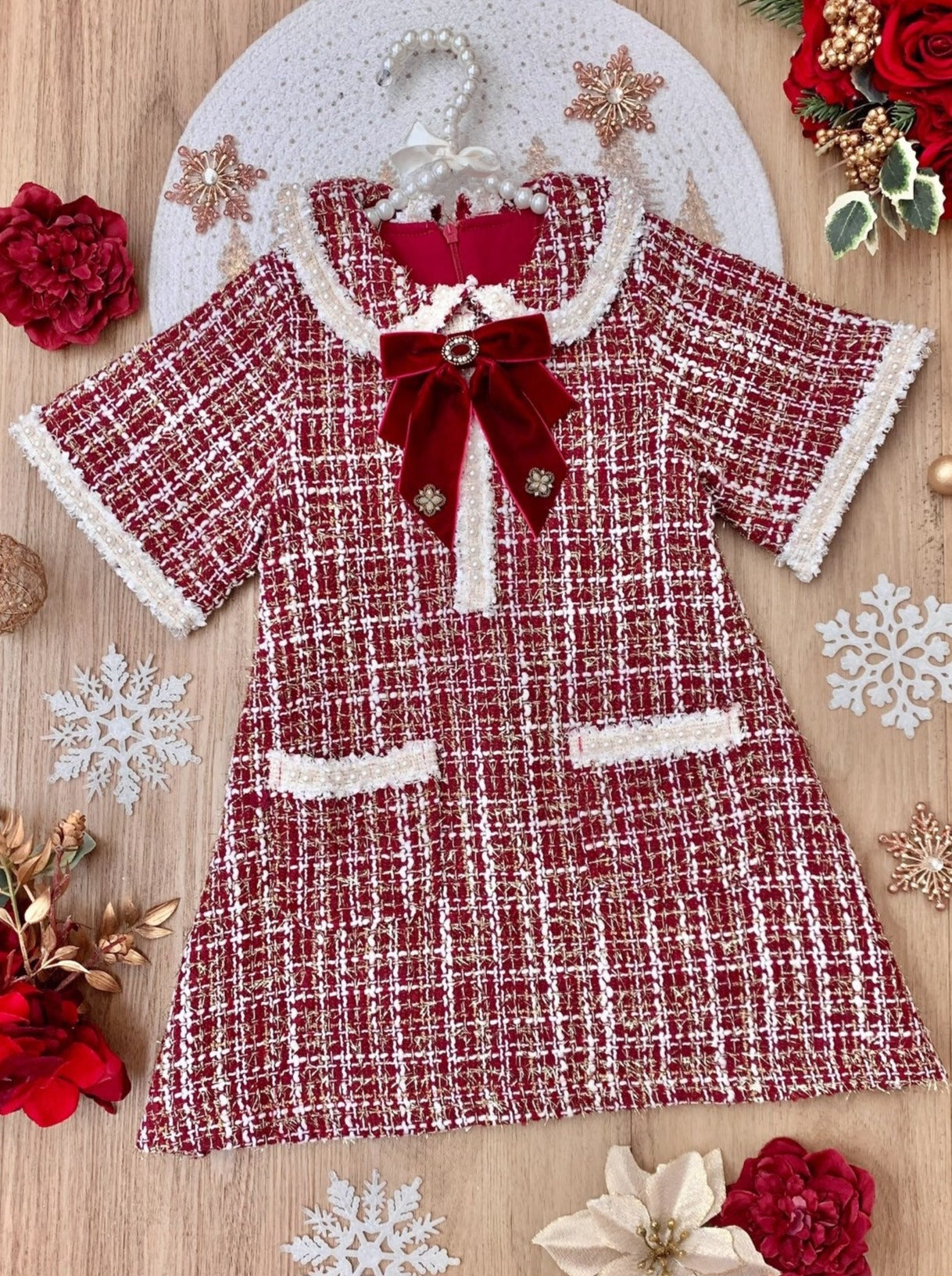 Mia Belle Girls Red Plaid Tweed Dress