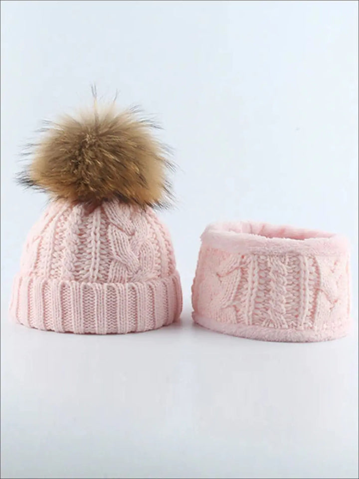 Kids Cable Knit Pom Pom Beanie with Neck Scarf - Girls Hats