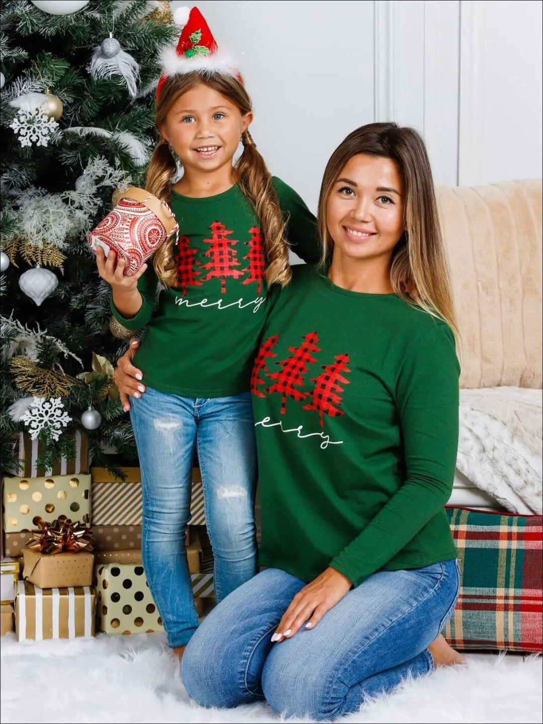 Mommy & Me Christmas Tops | Long Sleeve Merry Plaid Christmas Tree Top