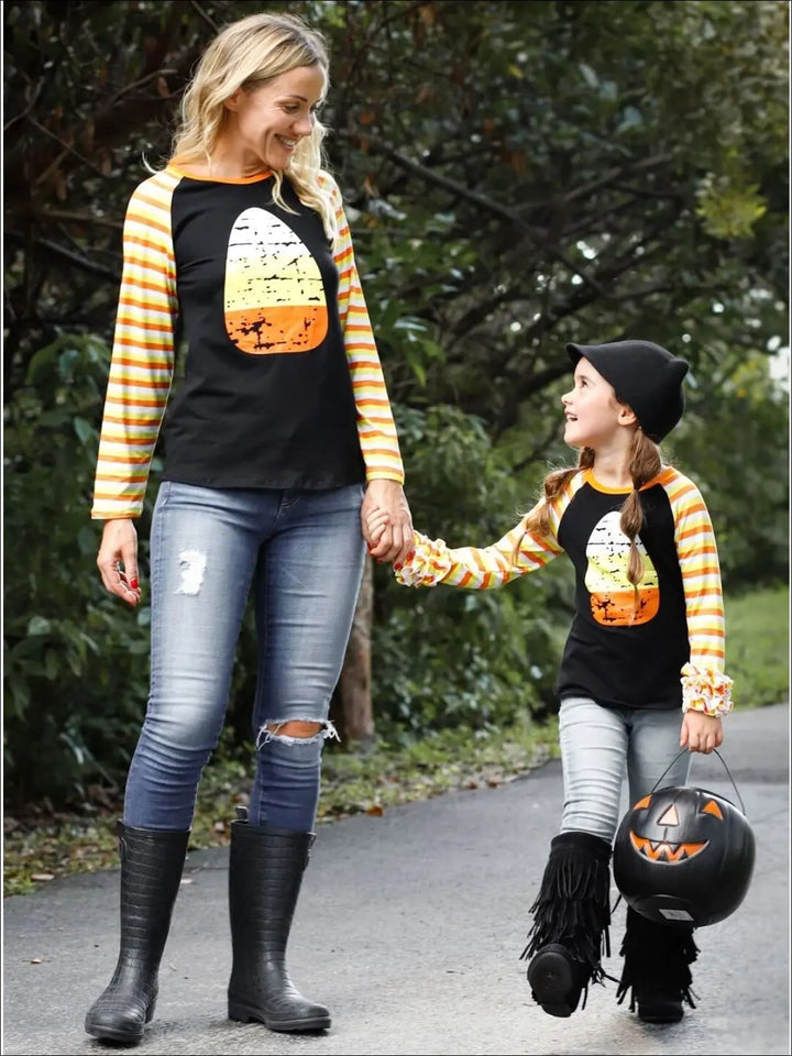 Mommy & Me Candy Corn Long Striped Raglan Sleeve Top - Mia Belle Girls