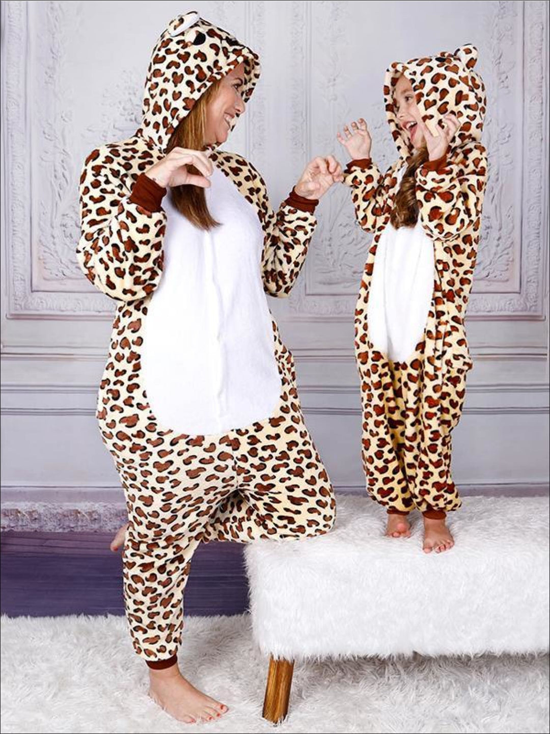 Mommy And Me Fleece Leopard Print Onesie Pajamas