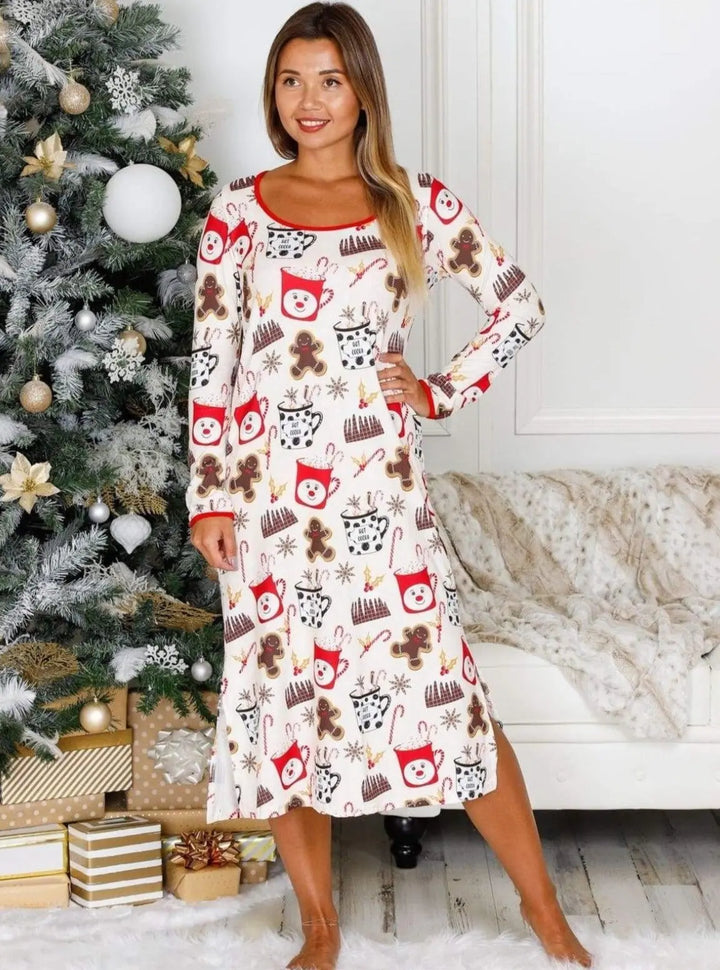 Mommy & Me Long Sleeve Side Slit Holiday Nightgown Pajama - Mommy & Me Pajamas