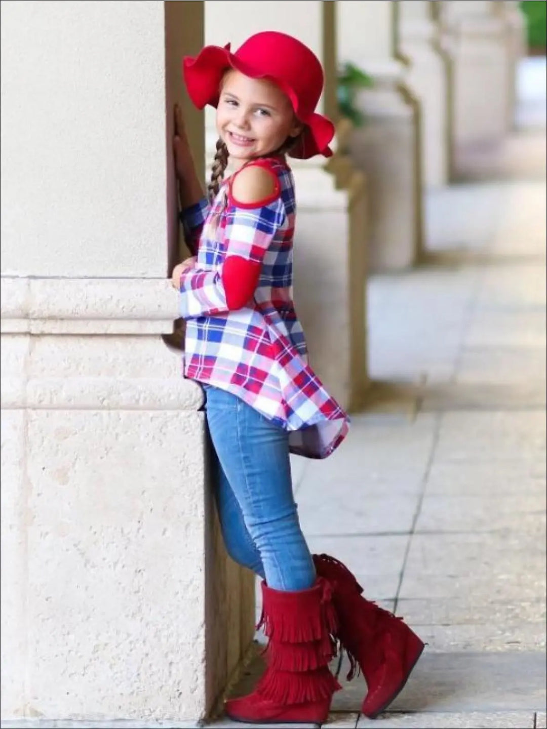 Mommy & Me Royal & Red Plaid Cold Shoulder Striped Hi-Lo Elbow Patch Tunic - Mommy & Me Fall Tunic